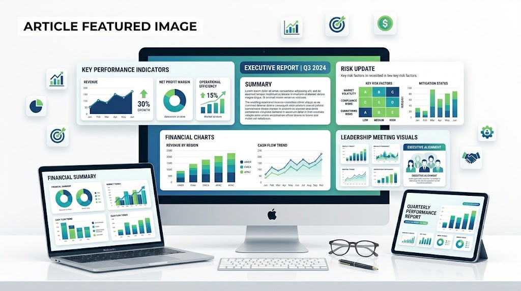 Executive report PowerPoint template with KPI dashboard, financial charts, and leadership update slides
