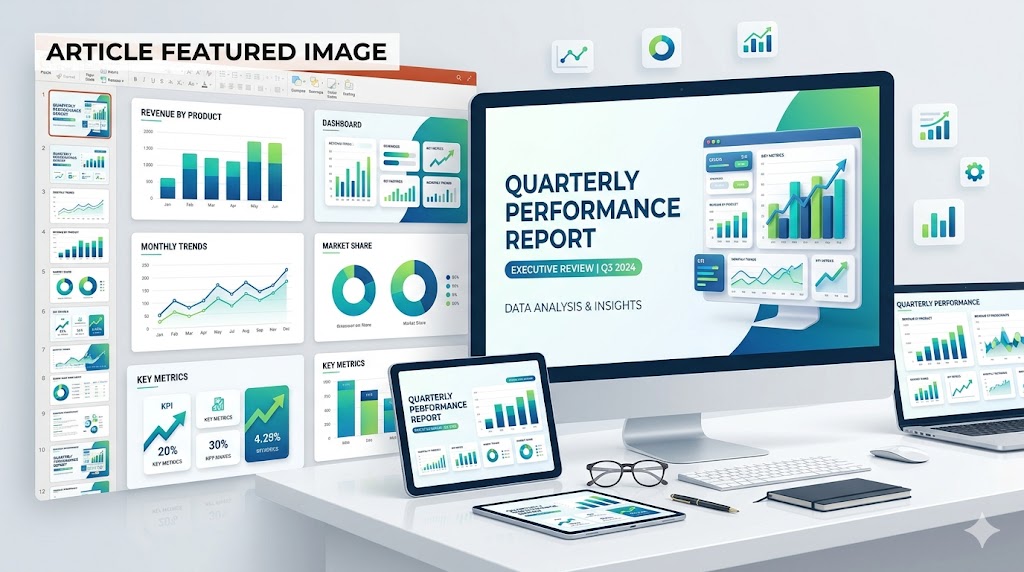 Quarterly report PowerPoint template with KPI dashboard, charts, and business review slides