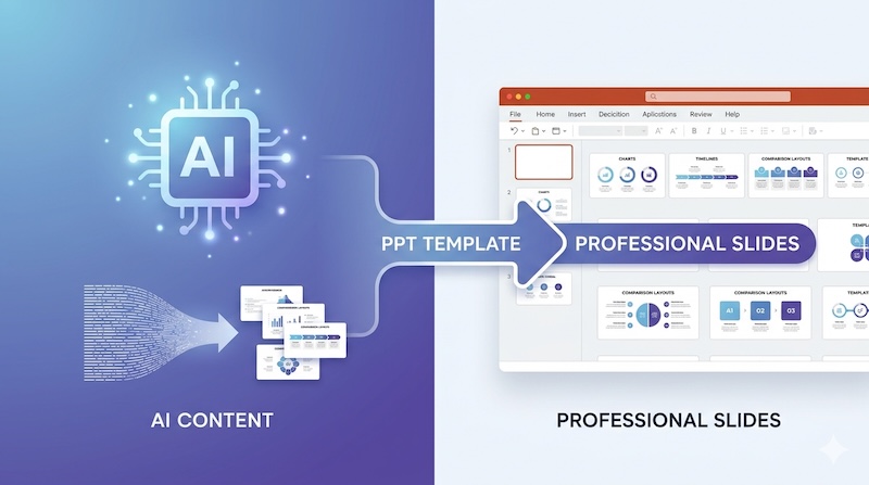 AI generated PPT templates and PowerPoint templates combined in a modern featured image for the guide “How to Use AI‑Generated PPT and PPT Templates to Create Better Presentations” at pptfor.com/downloads