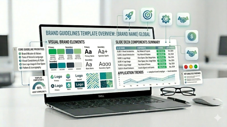 Brand guidelines PowerPoint template with logo usage, color palette, typography, imagery, and brand identity slides