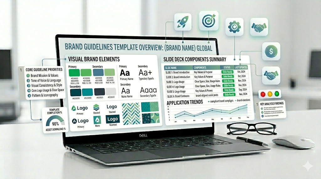 Brand guidelines PowerPoint template with logo usage, color palette, typography, imagery, and brand identity slides
