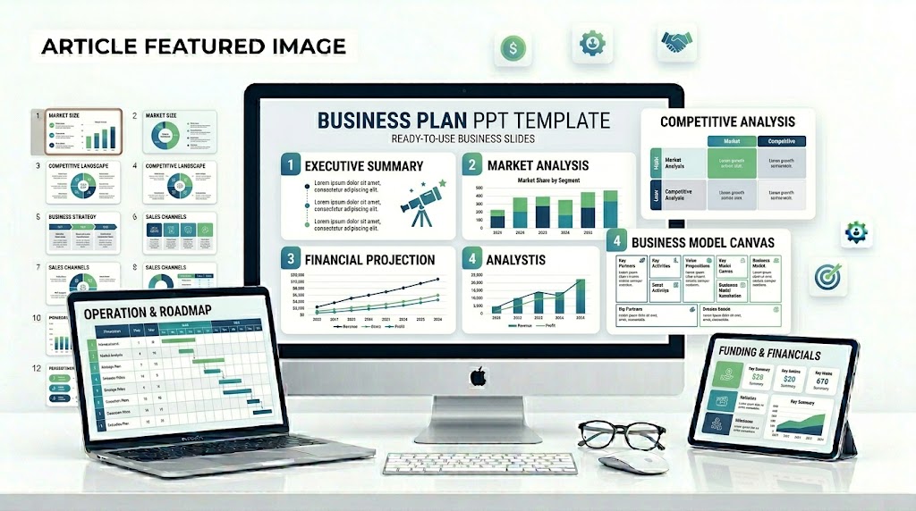 Business plan PowerPoint template with executive summary, market analysis, financial projections, and roadmap slides