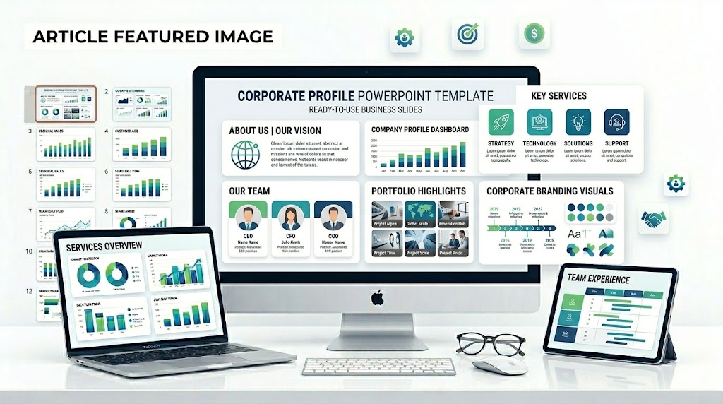 Company profile PowerPoint template with company introduction, About Us, services, team, and portfolio slides