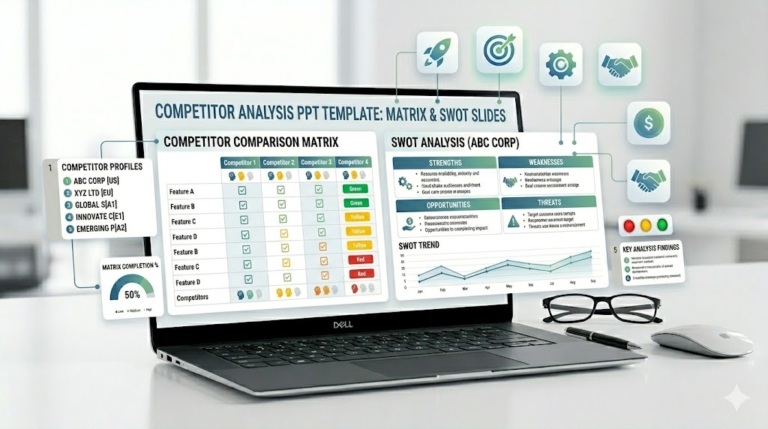 Competitor analysis PowerPoint template with competitor matrix, SWOT comparison, positioning map, and feature comparison slides