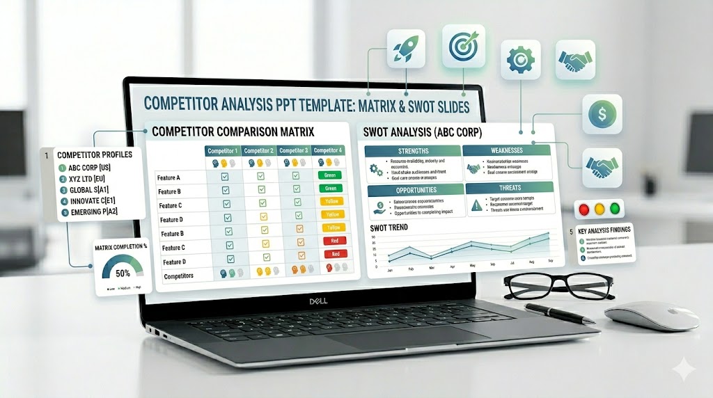 Competitor analysis PowerPoint template with competitor matrix, SWOT comparison, positioning map, and feature comparison slides