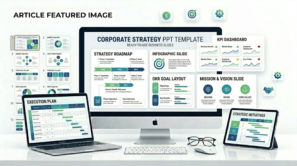 Corporate strategy PowerPoint template with strategy roadmap, KPI dashboard, OKR goals, and execution plan slides