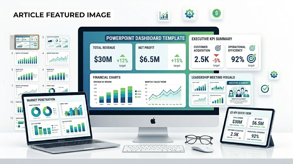 KPI dashboard PowerPoint template with metric cards, charts, targets, and business performance slides