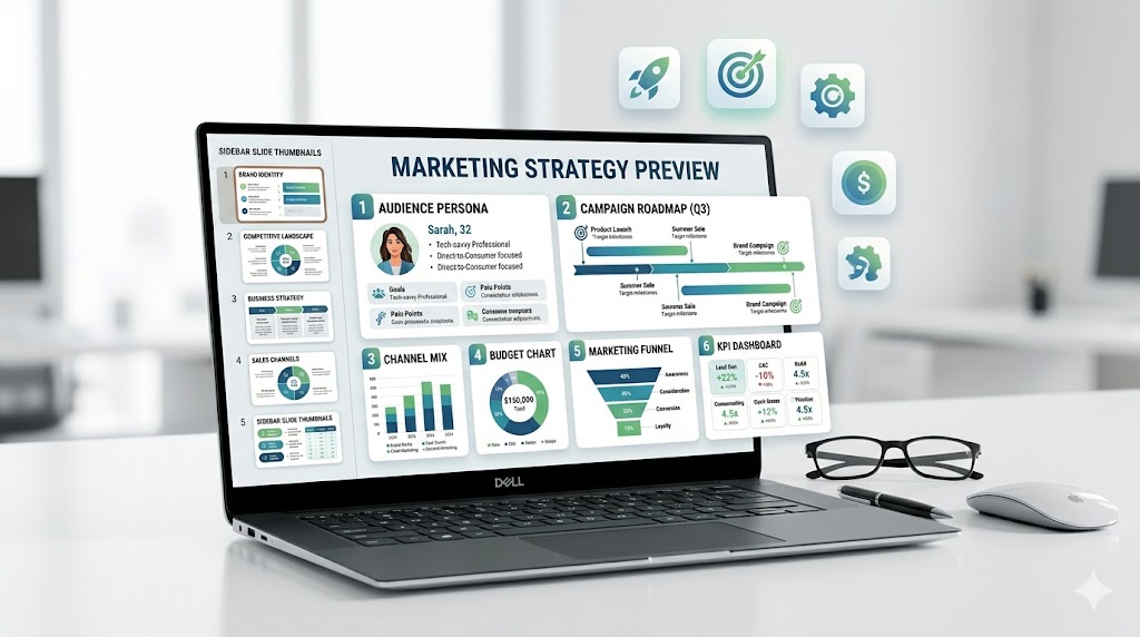 Marketing strategy PowerPoint template with campaign roadmap, channel mix, budget, and KPI slides