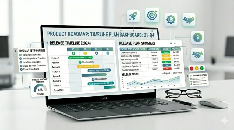 Product roadmap PowerPoint template with timeline, release plan, feature priorities, milestones, and stakeholder update slides