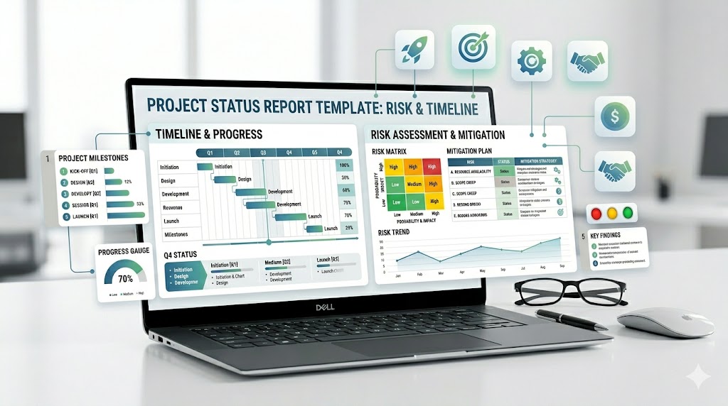 Project status report PowerPoint template with progress, timeline, risks, milestones, and next-step slides