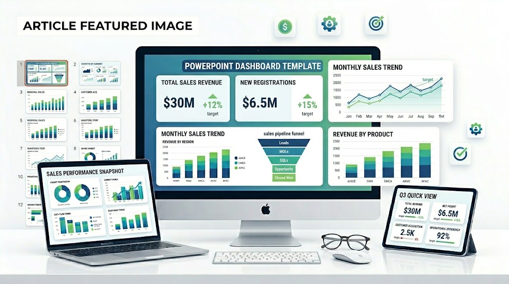 Sales report PowerPoint template with sales dashboard, pipeline funnel, KPI charts, and revenue forecast slides