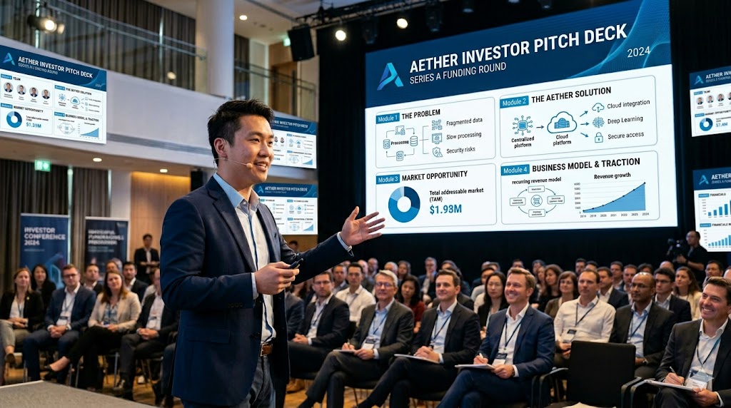 Startup founder using an investment pitch deck template for a successful investor presentation