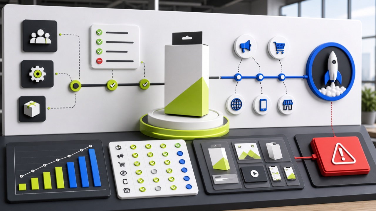 Product launch presentation with timeline, channels, and readiness