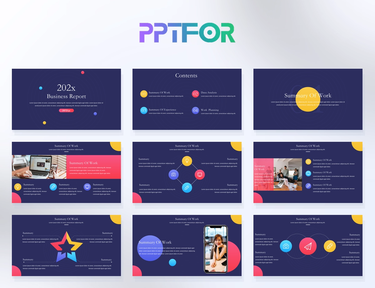 Business Report PowerPoint Template with dark corporate slides, data analysis charts, work summary pages, and planning layouts
