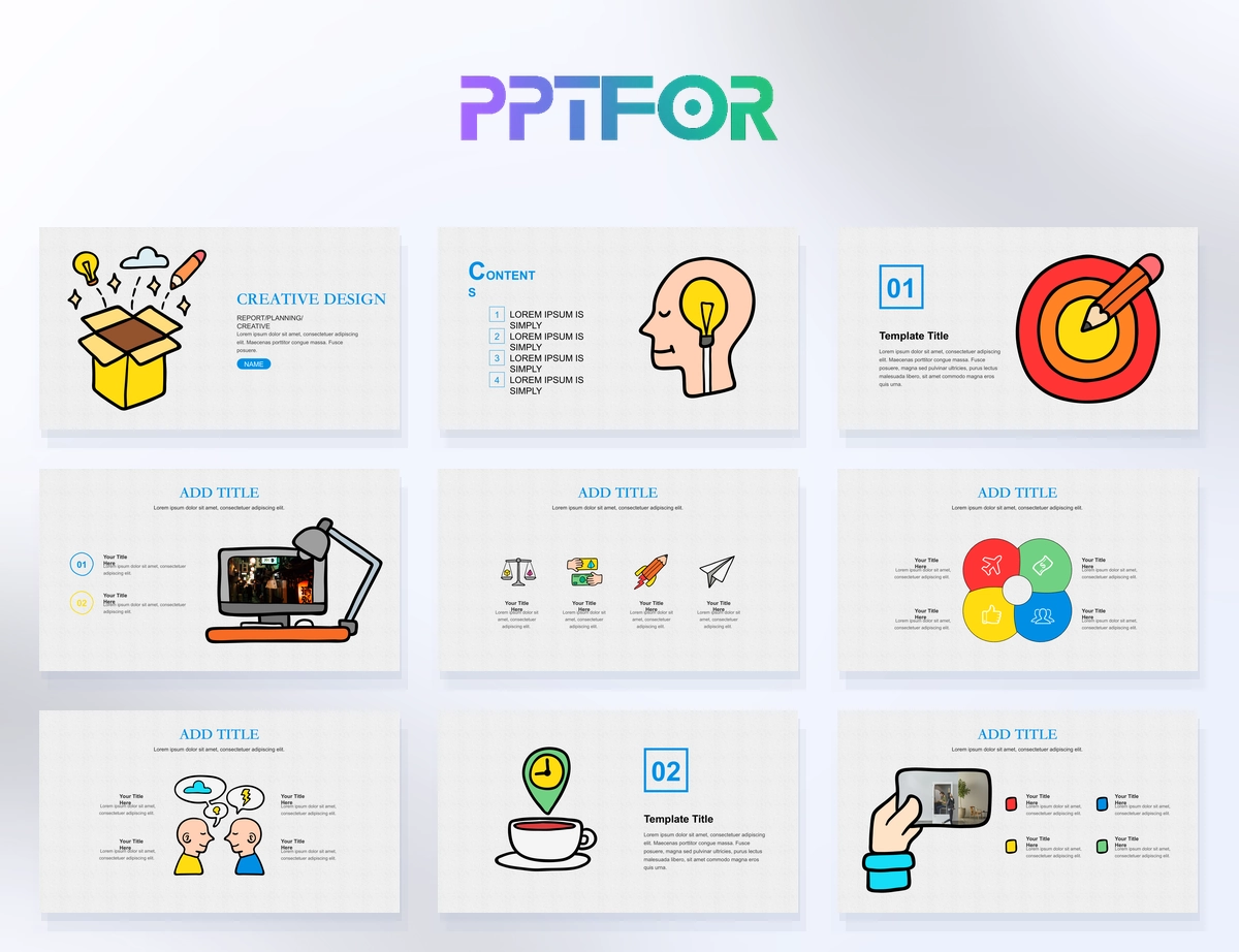 Creative Design Doodle PowerPoint Template with hand drawn icons, portfolio slides, process diagrams, and creative presentation layouts