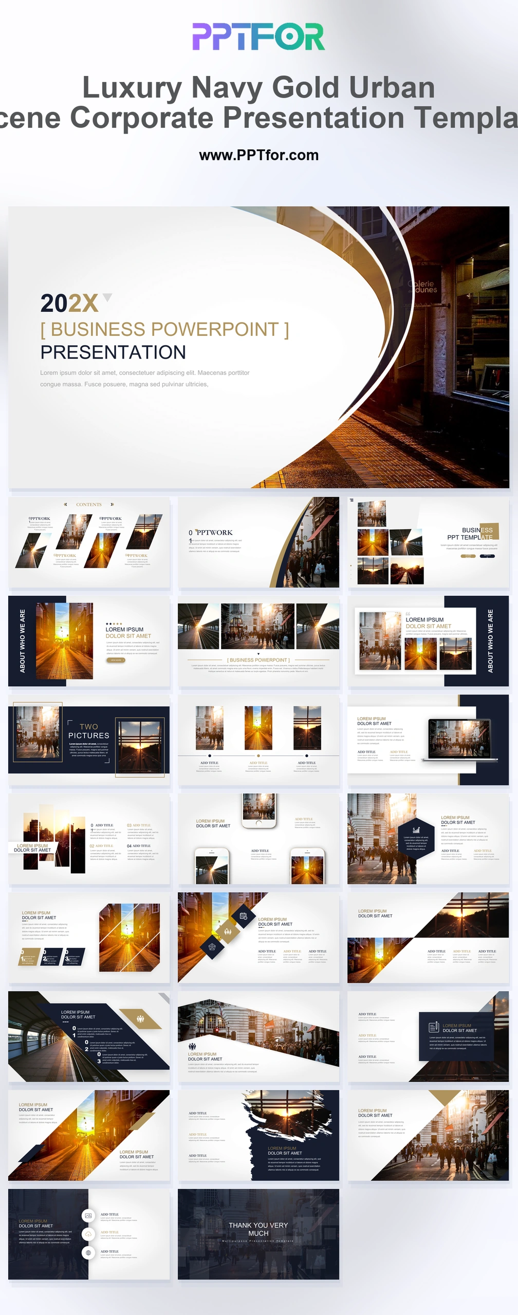 Luxury Navy Gold Urban Scene Corporate Presentation Template