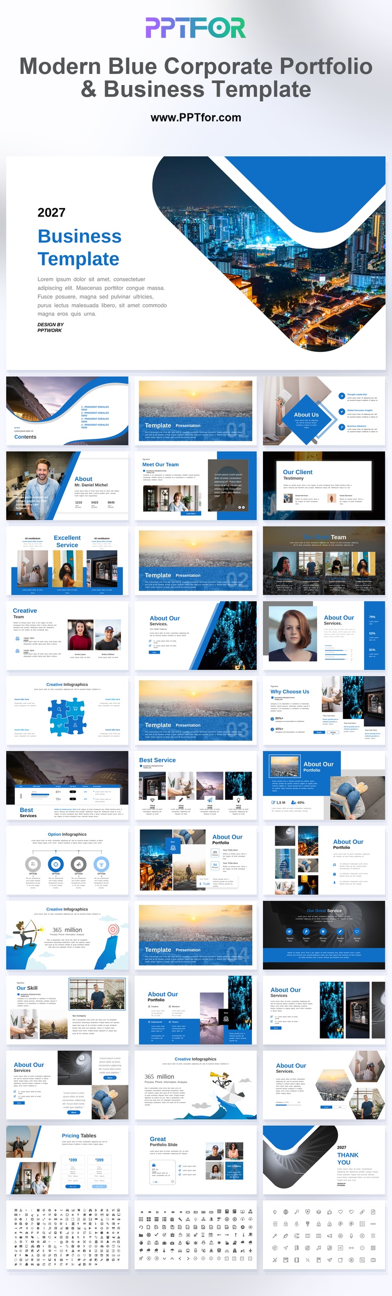 Modern Blue Corporate Portfolio & Business Template 34 Slides