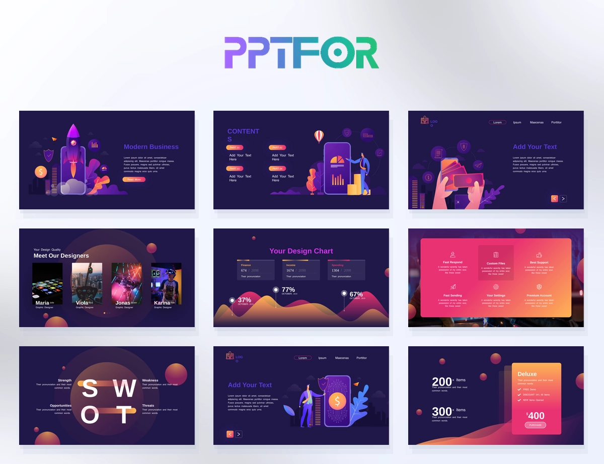 Modern business PowerPoint template preview with dark purple neon rocket cover, startup slides, SWOT analysis, charts, team profiles, timelines, and website mockup