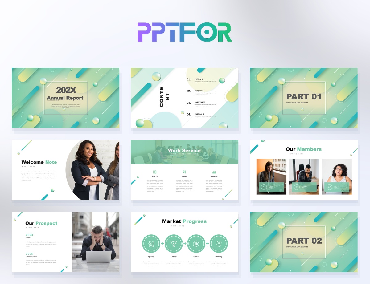 Modern Mint Green Annual Report PowerPoint Template 27 slides
