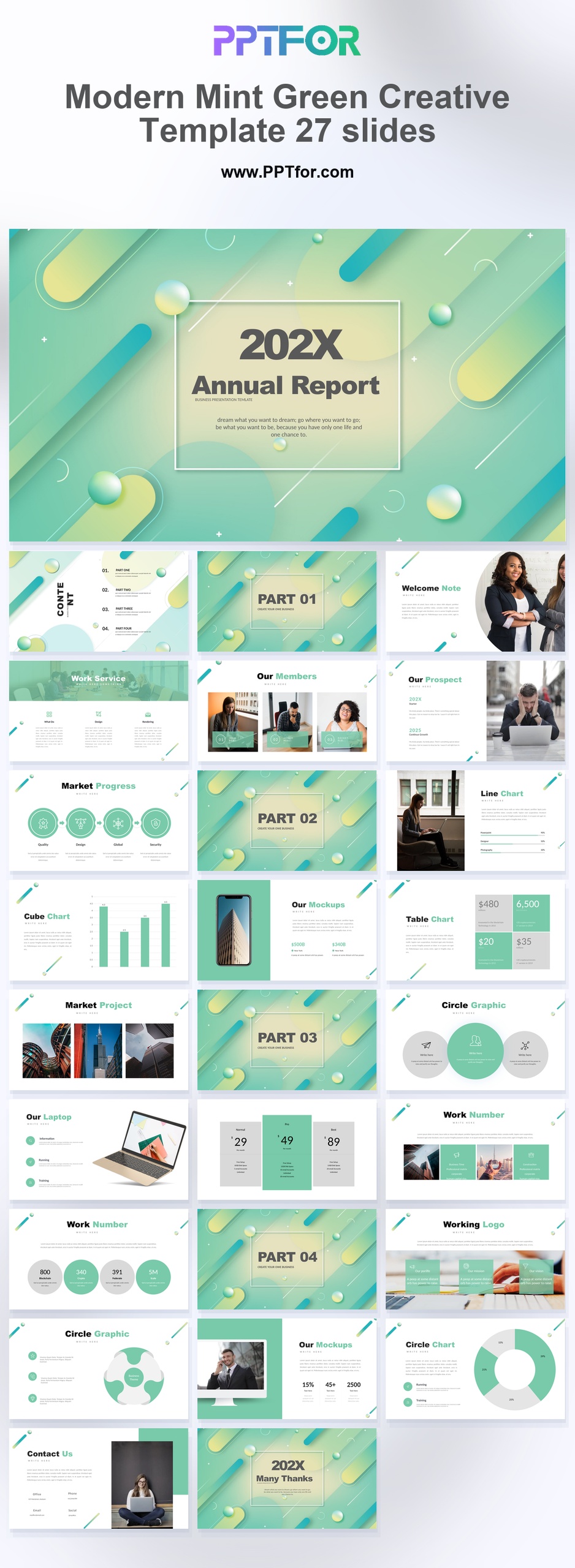 Modern Mint Green Annual Report PowerPoint Template 27 slides