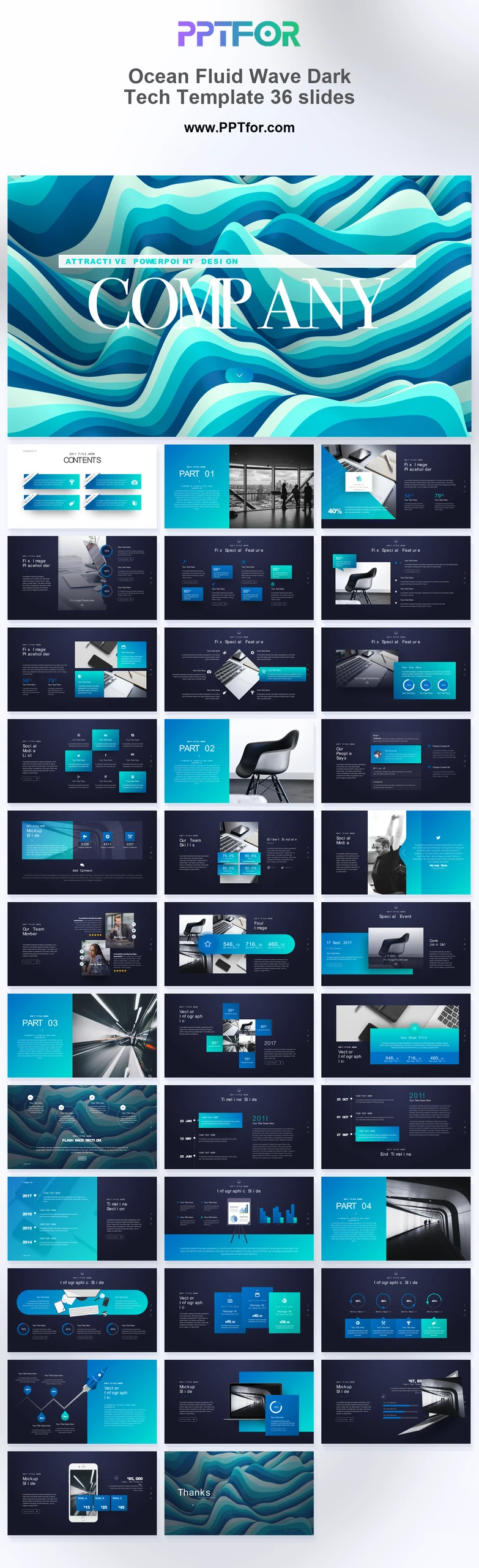Ocean Fluid Wave Dark Tech Template 36 slides